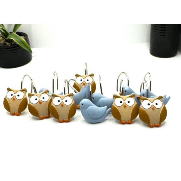 Set Of 12 Owl & Bird Shower Curtain Hooks Bathroom Decor - Picture 2 of 11